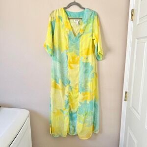 Vintage Barbizon Yellow Blue Kaftan Floral Small 60 70 dayglow midi maxi